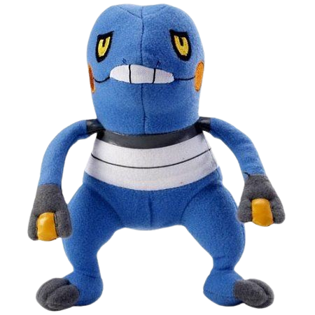 a croagunk plush, with a fucked expression